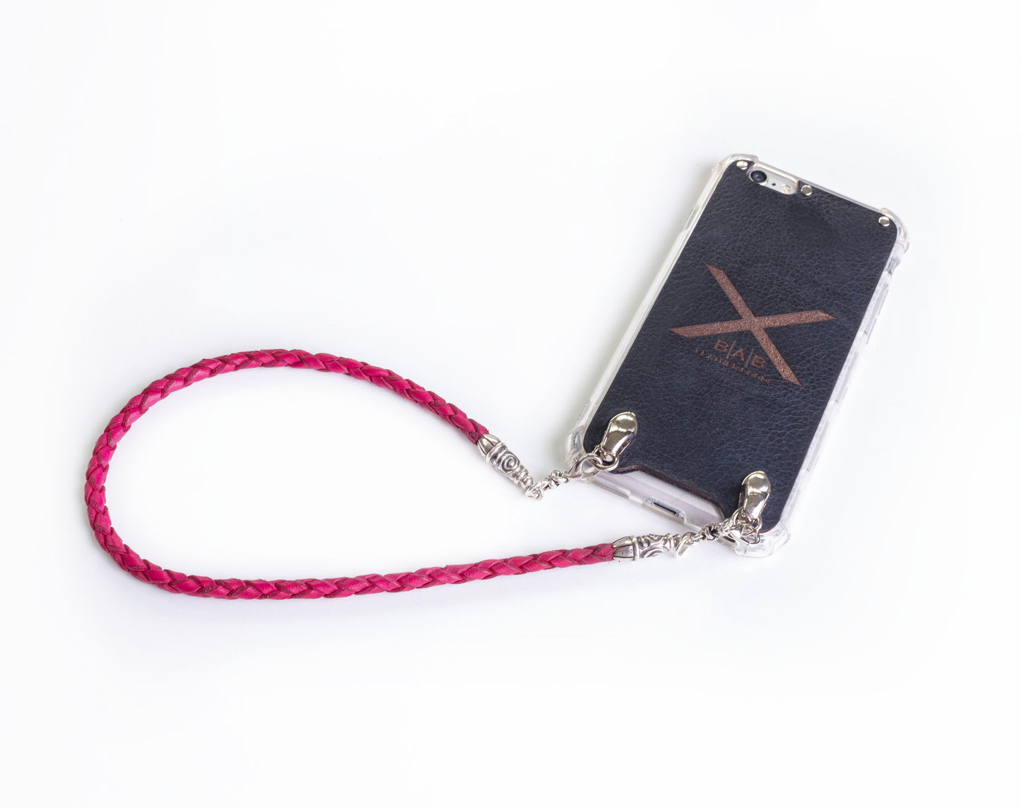 2 Spiral Terminals, 2 Links, and 6 Rings, all made of 925 Sterling Silver for iPhone & Fuchsia Full-Grain Genuine Leather Case/Strap/Choker/Bracelet with 4 hand braided strands.- F22