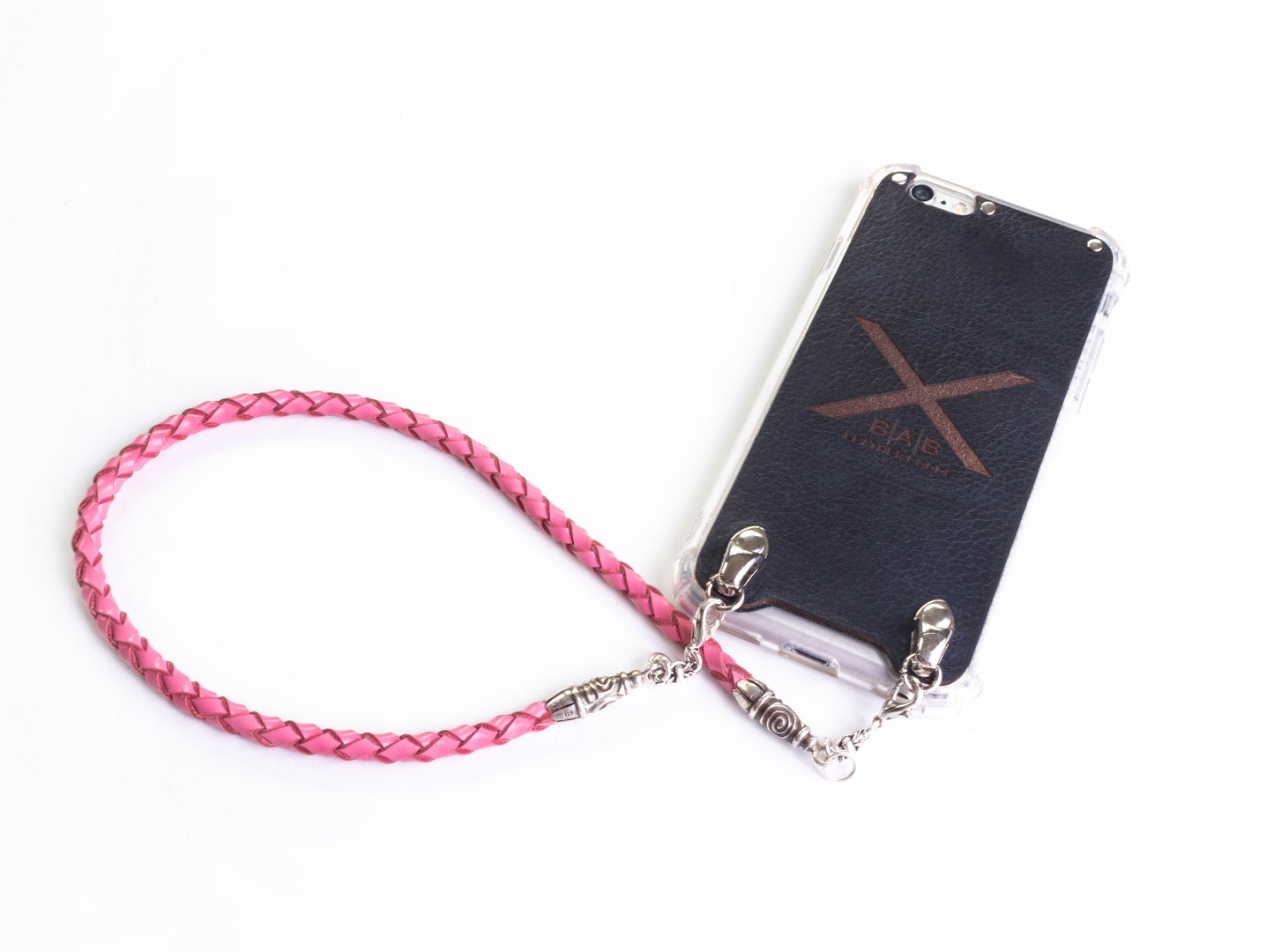 Funda para iPhone de Cuero Genuino Full-Grain curtido vegetal al tanino/microfibra. 2 Terminales en Espiral, 2 Eslabones y 6 Argollas, todos de Plata Esterlina 925 & Correa/Gargantilla/Pulsera de Cuero Genuino Rosa 4 cabos trenzados a mano.- F22