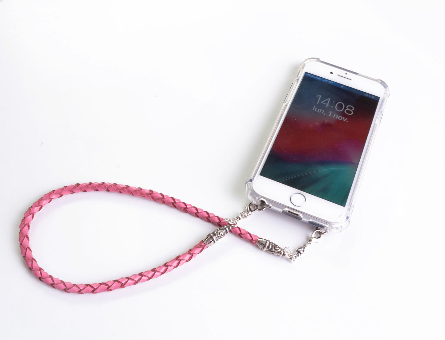 Funda para iPhone de Cuero Genuino Full-Grain curtido vegetal al tanino/microfibra. 2 Terminales en Espiral, 2 Eslabones y 6 Argollas, todos de Plata Esterlina 925 & Correa/Gargantilla/Pulsera de Cuero Genuino Rosa 4 cabos trenzados a mano.- F22