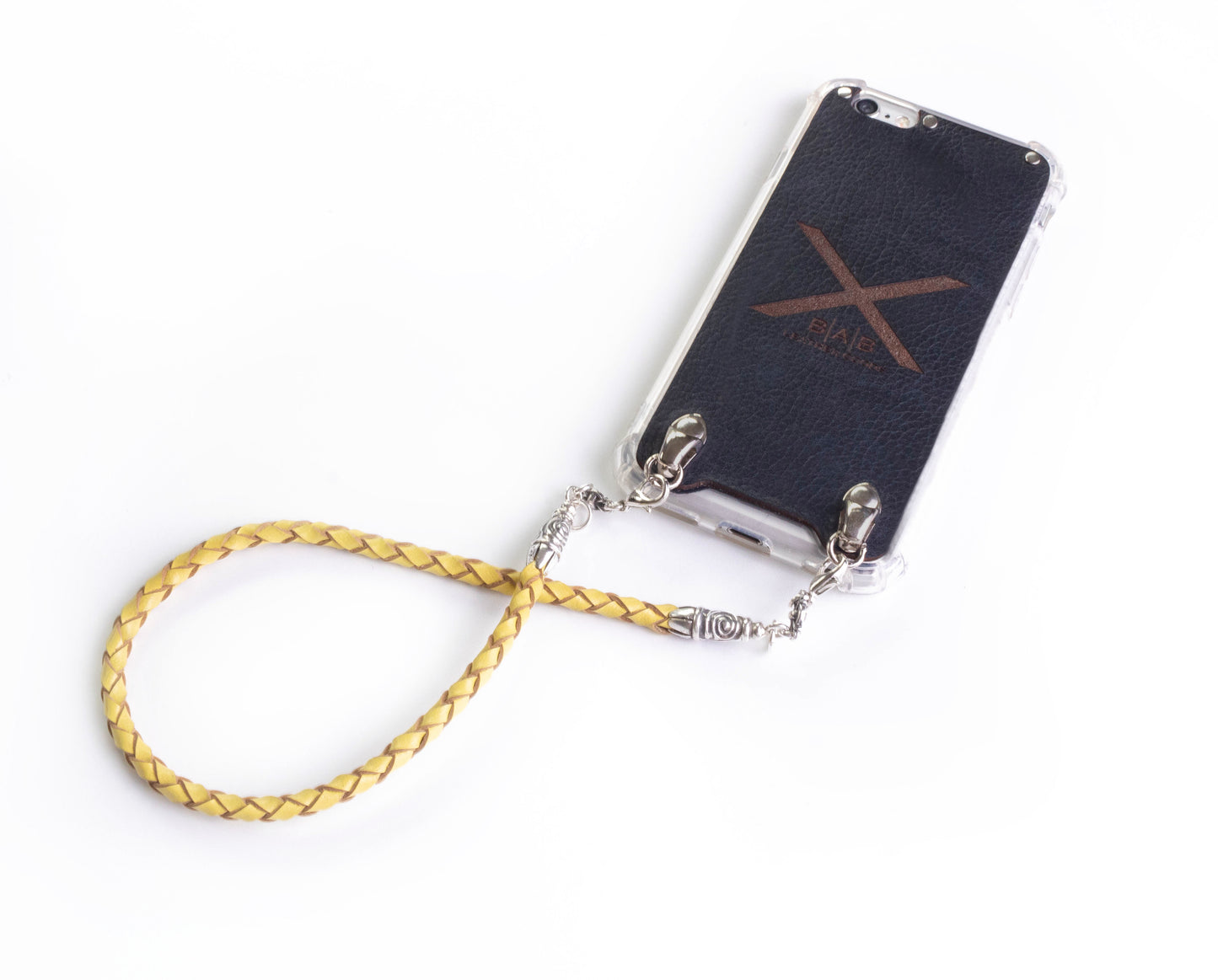 2 Spiral Terminals, 2 Links, and 6 Rings, all made of 925 Sterling Silver for iPhone & Yellow Full-Grain Genuine Leather Case/Strap/Choker/Bracelet with 4 hand braided strands.- F22