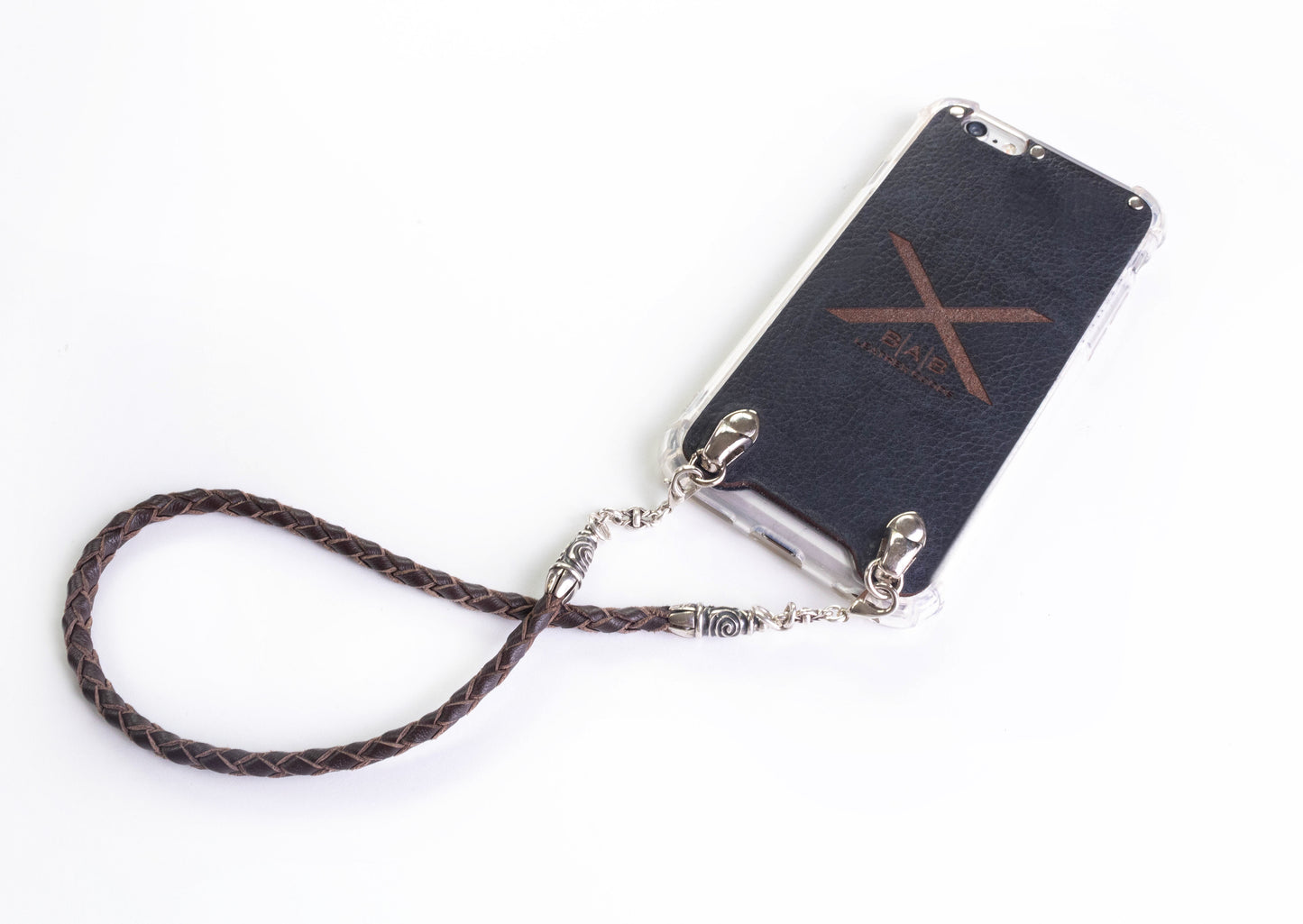 2 Spiral Terminals, 2 Links, and 6 Rings, all made of 925 Sterling Silver for iPhone & Brown Full-Grain Genuine Leather Case/Strap/Choker/Bracelet with 4 hand braided strands.- F22
