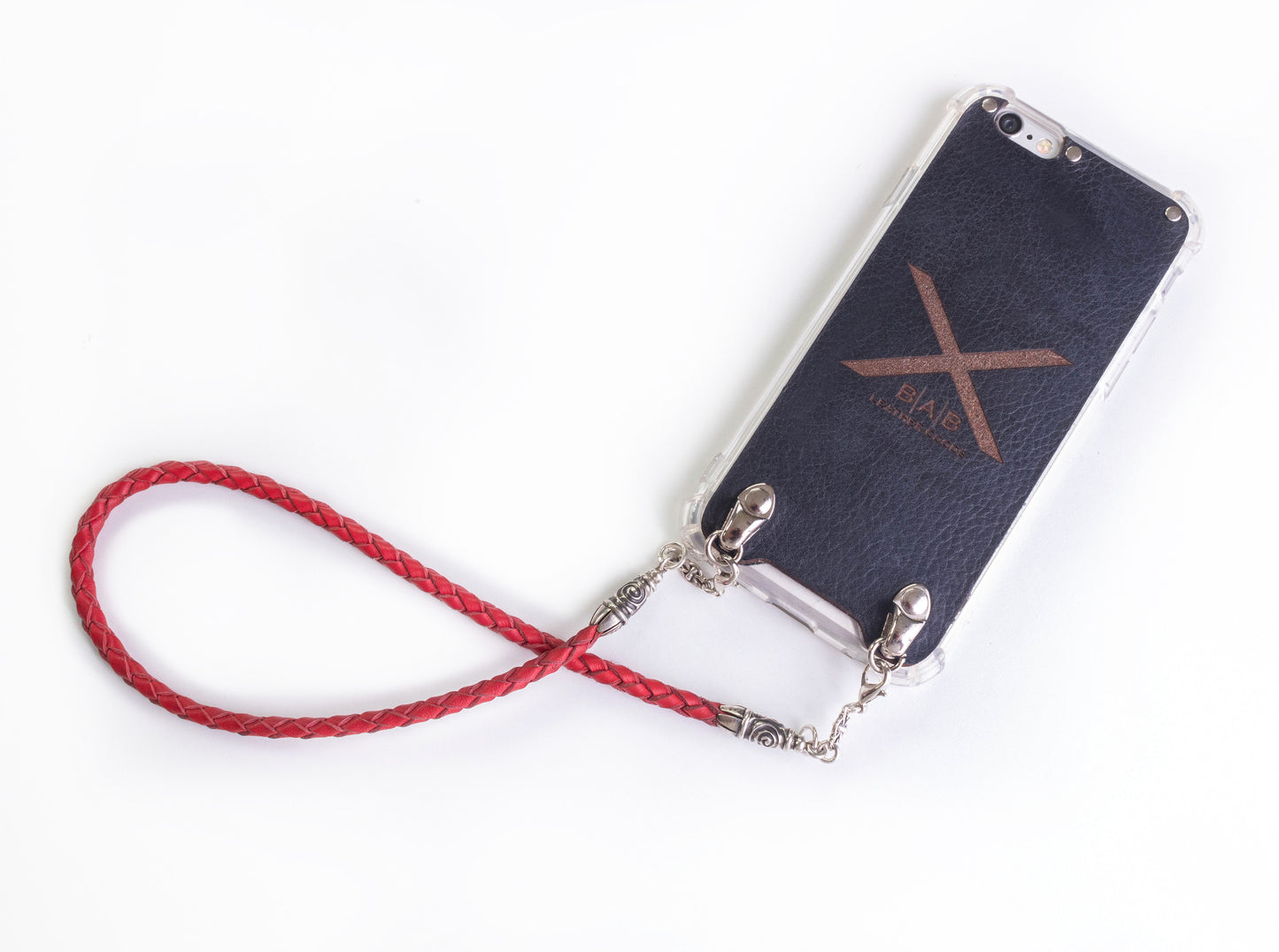 2 Spiral Terminals, 2 Links, and 6 Rings, all made of 925 Sterling Silver for iPhone & Red Full-Grain Genuine Leather Case/Strap/Choker/Bracelet with 4 hand braided strands.- F22