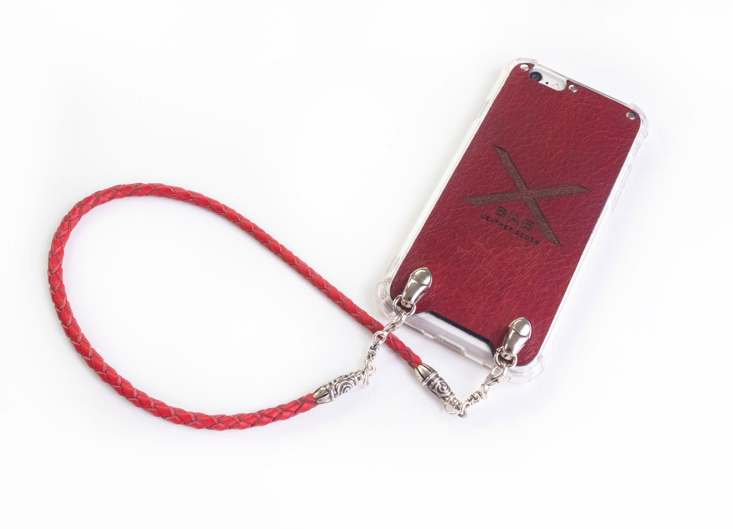 2 Spiral Terminals, 2 Links, and 6 Rings, all made of 925 Sterling Silver for iPhone & Red Full-Grain Genuine Leather Case/Strap/Choker/Bracelet with 4 hand braided strands.- F22