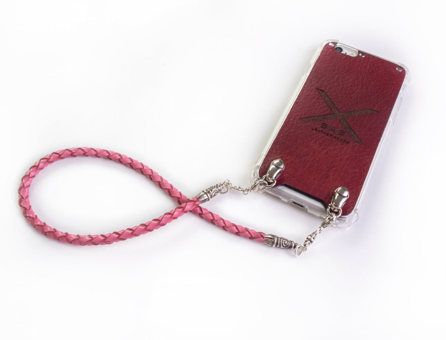Funda para iPhone de Cuero Genuino Full-Grain curtido vegetal al tanino/microfibra. 2 Terminales en Espiral, 2 Eslabones y 6 Argollas, todos de Plata Esterlina 925 & Correa/Gargantilla/Pulsera de Cuero Genuino Rosa 4 cabos trenzados a mano.- F22