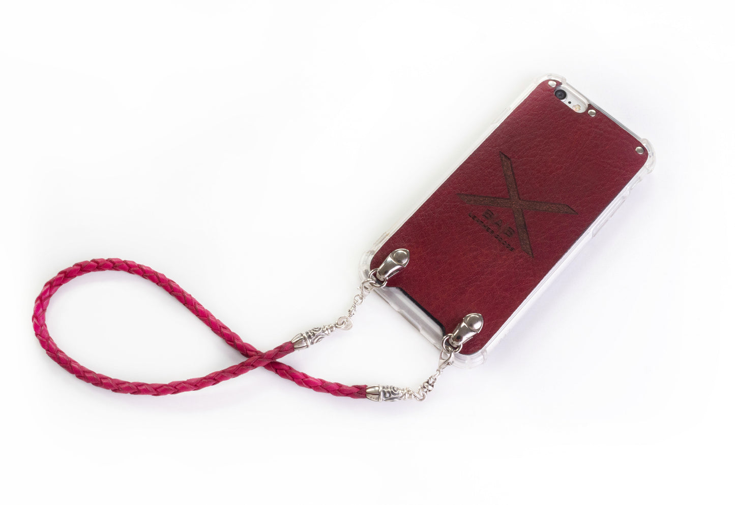 2 Spiral Terminals, 2 Links, and 6 Rings, all made of 925 Sterling Silver for iPhone & Fuchsia Full-Grain Genuine Leather Case/Strap/Choker/Bracelet with 4 hand braided strands.- F22