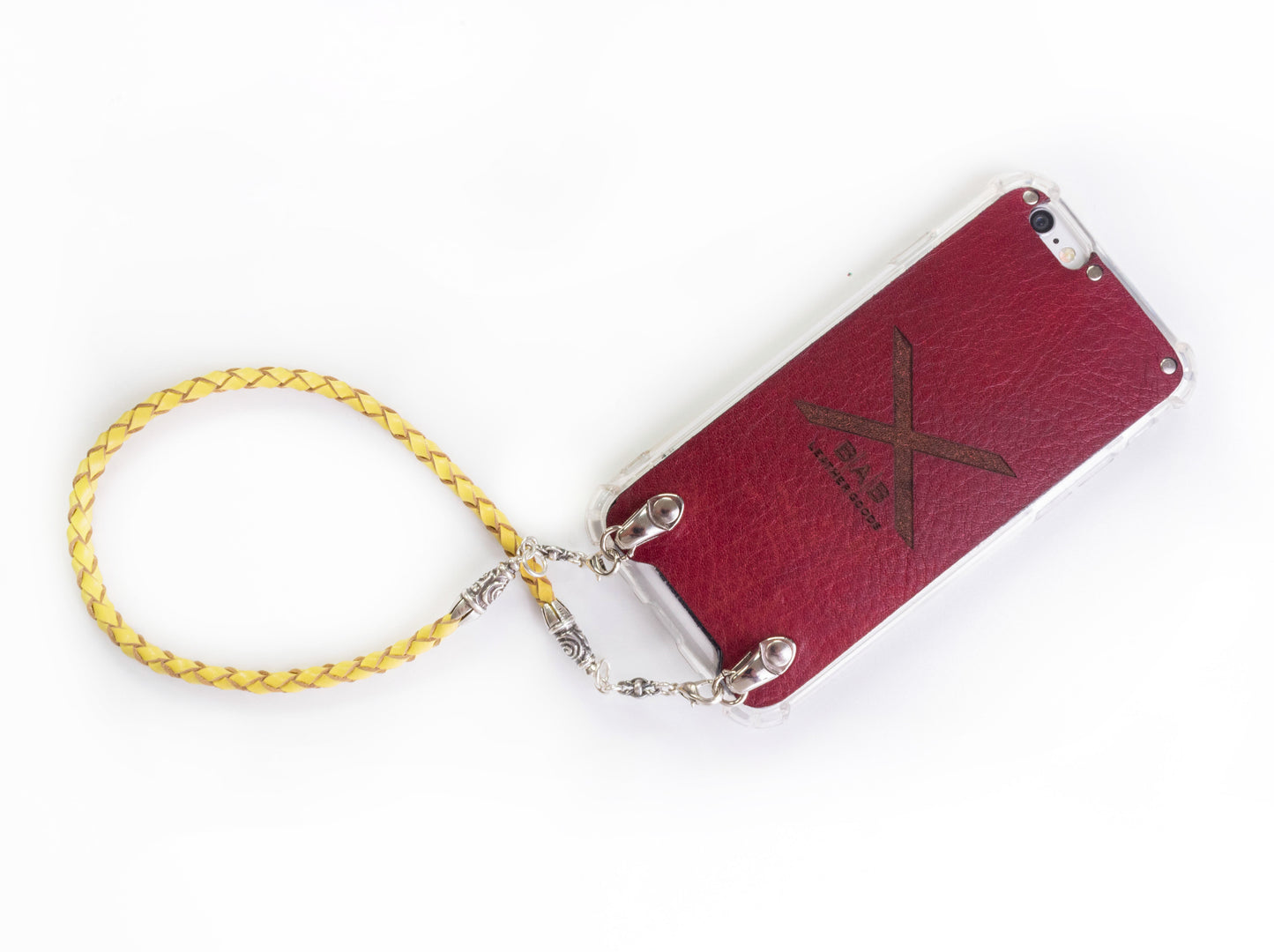 2 Spiral Terminals, 2 Links, and 6 Rings, all made of 925 Sterling Silver for iPhone & Yellow Full-Grain Genuine Leather Case/Strap/Choker/Bracelet with 4 hand braided strands.- F22