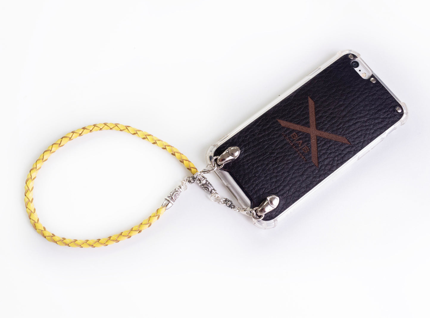 2 Spiral Terminals, 2 Links, and 6 Rings, all made of 925 Sterling Silver for iPhone & Yellow Full-Grain Genuine Leather Case/Strap/Choker/Bracelet with 4 hand braided strands.- F22