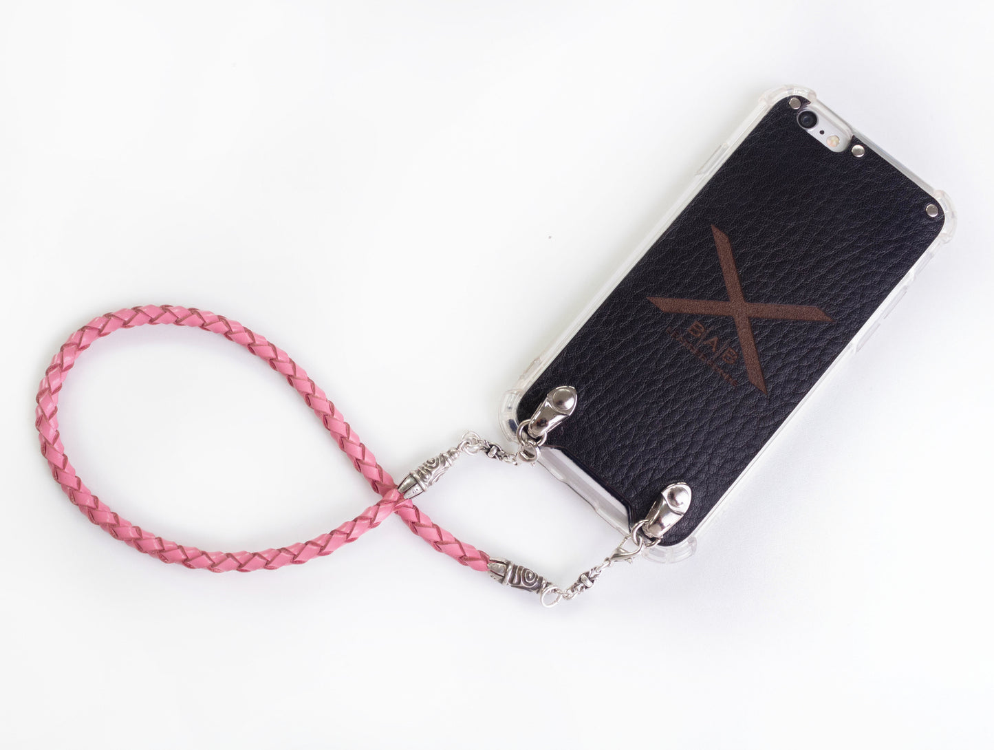 Funda para iPhone de Cuero Genuino Full-Grain curtido vegetal al tanino/microfibra. 2 Terminales en Espiral, 2 Eslabones y 6 Argollas, todos de Plata Esterlina 925 & Correa/Gargantilla/Pulsera de Cuero Genuino Rosa 4 cabos trenzados a mano.- F22