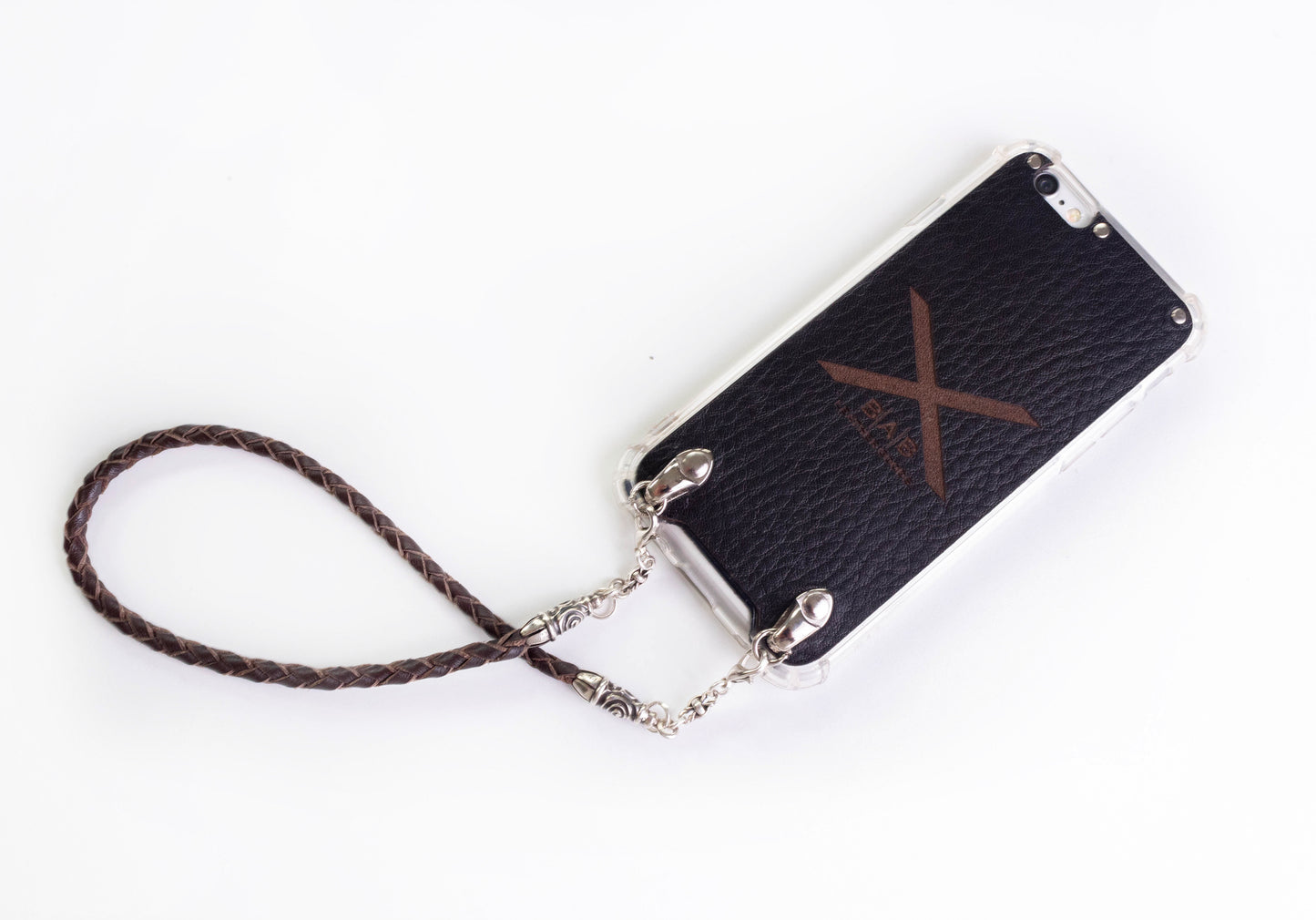 2 Spiral Terminals, 2 Links, and 6 Rings, all made of 925 Sterling Silver for iPhone & Brown Full-Grain Genuine Leather Case/Strap/Choker/Bracelet with 4 hand braided strands.- F22