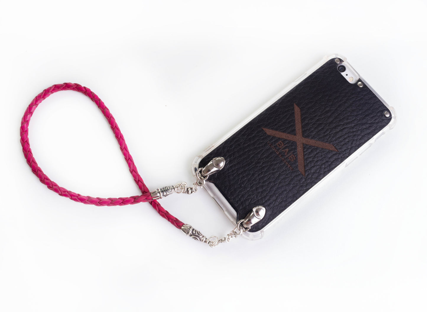 2 Spiral Terminals, 2 Links, and 6 Rings, all made of 925 Sterling Silver for iPhone & Fuchsia Full-Grain Genuine Leather Case/Strap/Choker/Bracelet with 4 hand braided strands.- F22