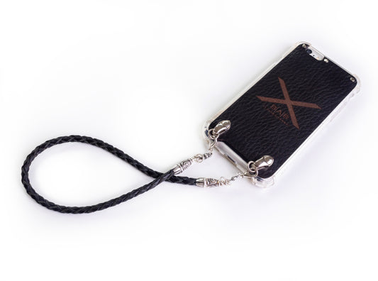 2 Spiral Terminals, 2 Links, and 6 Rings, all made of 925 Sterling Silver for iPhone & Black Full-Grain Genuine Leather Case/Strap/Choker/Bracelet with 4 hand braided strands.- F22