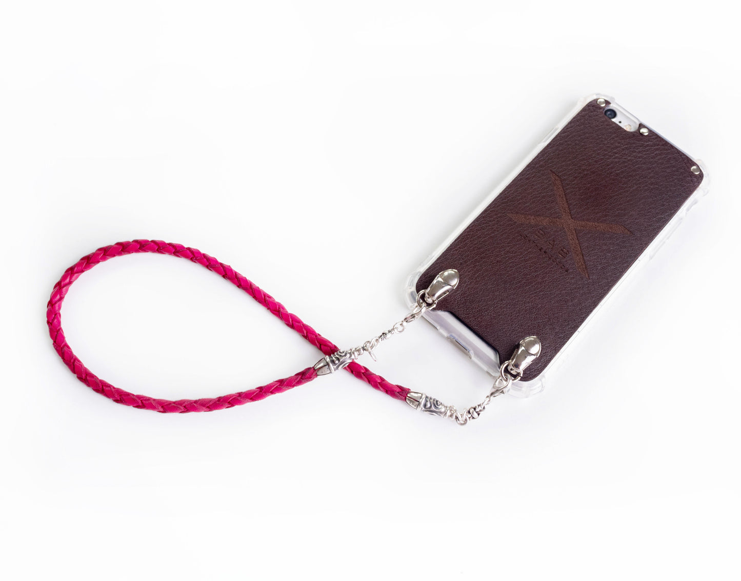 2 Spiral Terminals, 2 Links, and 6 Rings, all made of 925 Sterling Silver for iPhone & Fuchsia Full-Grain Genuine Leather Case/Strap/Choker/Bracelet with 4 hand braided strands.- F22