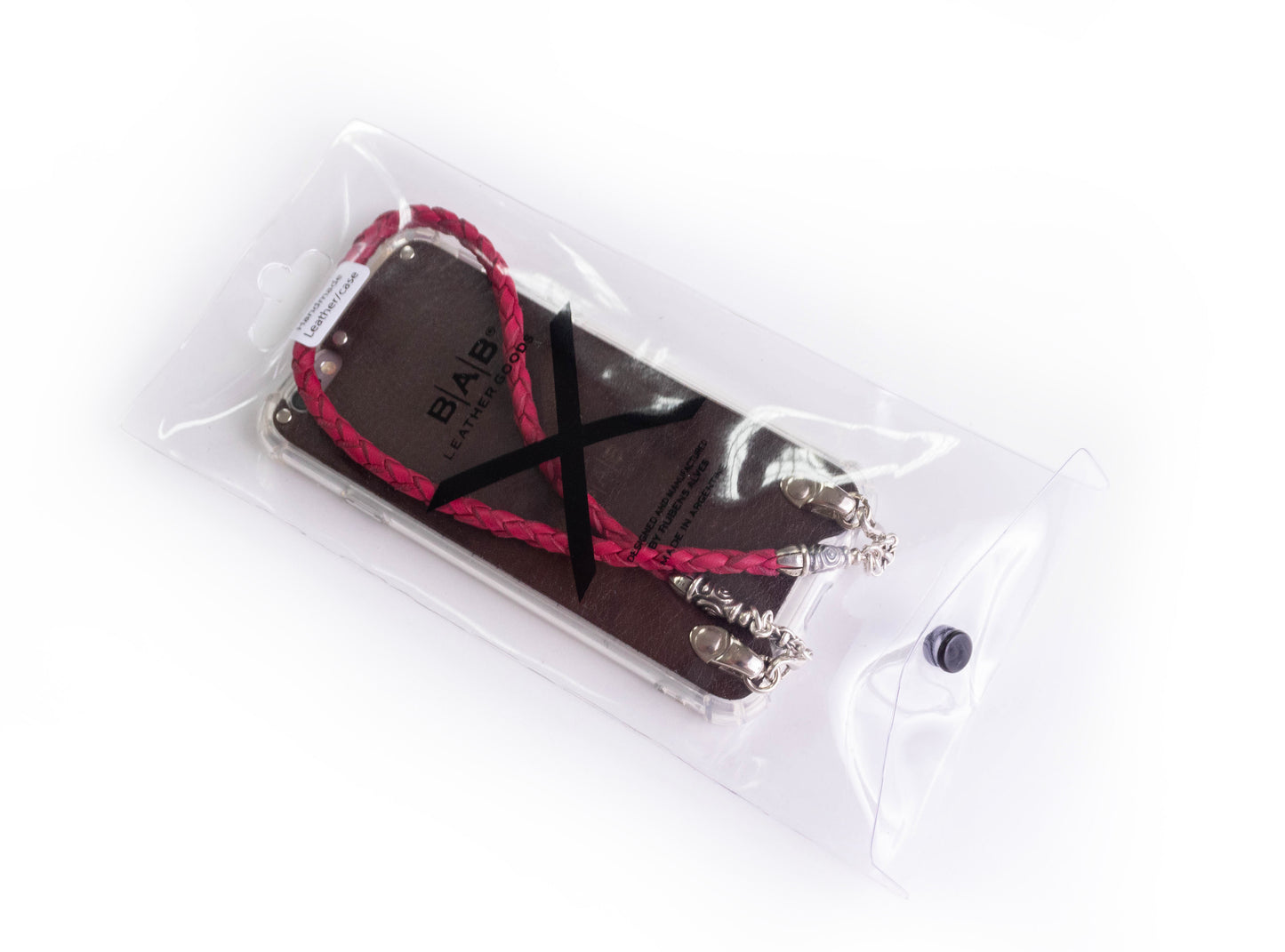2 Spiral Terminals, 2 Links, and 6 Rings, all made of 925 Sterling Silver for iPhone & Fuchsia Full-Grain Genuine Leather Case/Strap/Choker/Bracelet with 4 hand braided strands.- F22
