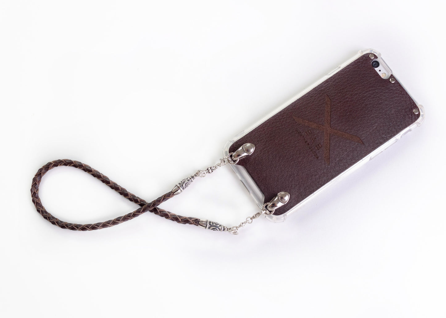 2 Spiral Terminals, 2 Links, and 6 Rings, all made of 925 Sterling Silver for iPhone & Brown Full-Grain Genuine Leather Case/Strap/Choker/Bracelet with 4 hand braided strands.- F22
