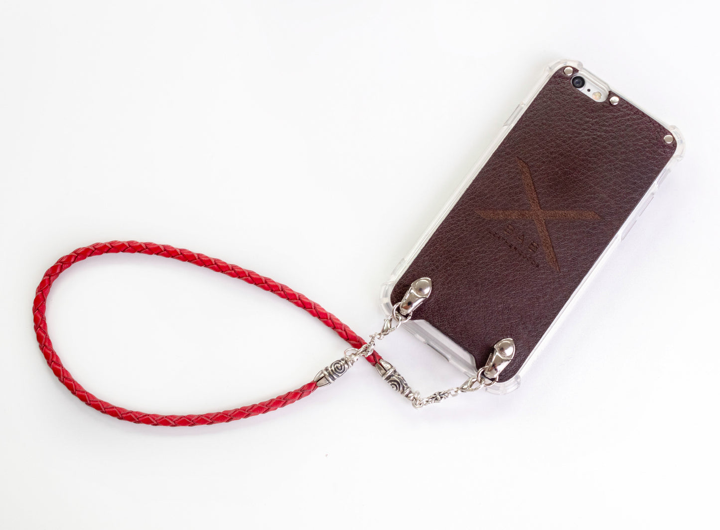 2 Spiral Terminals, 2 Links, and 6 Rings, all made of 925 Sterling Silver for iPhone & Red Full-Grain Genuine Leather Case/Strap/Choker/Bracelet with 4 hand braided strands.- F22