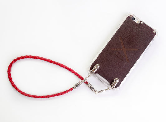 2 Spiral Terminals, 2 Links, and 6 Rings, all made of 925 Sterling Silver for iPhone & Red Full-Grain Genuine Leather Case/Strap/Choker/Bracelet with 4 hand braided strands.- F22