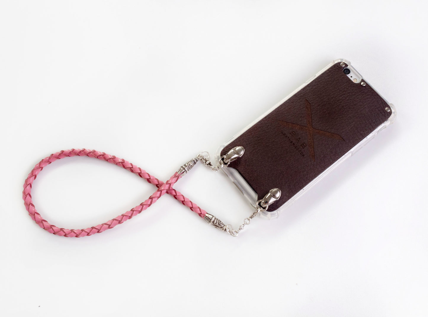 Funda para iPhone de Cuero Genuino Full-Grain curtido vegetal al tanino/microfibra. 2 Terminales en Espiral, 2 Eslabones y 6 Argollas, todos de Plata Esterlina 925 & Correa/Gargantilla/Pulsera de Cuero Genuino Rosa 4 cabos trenzados a mano.- F22