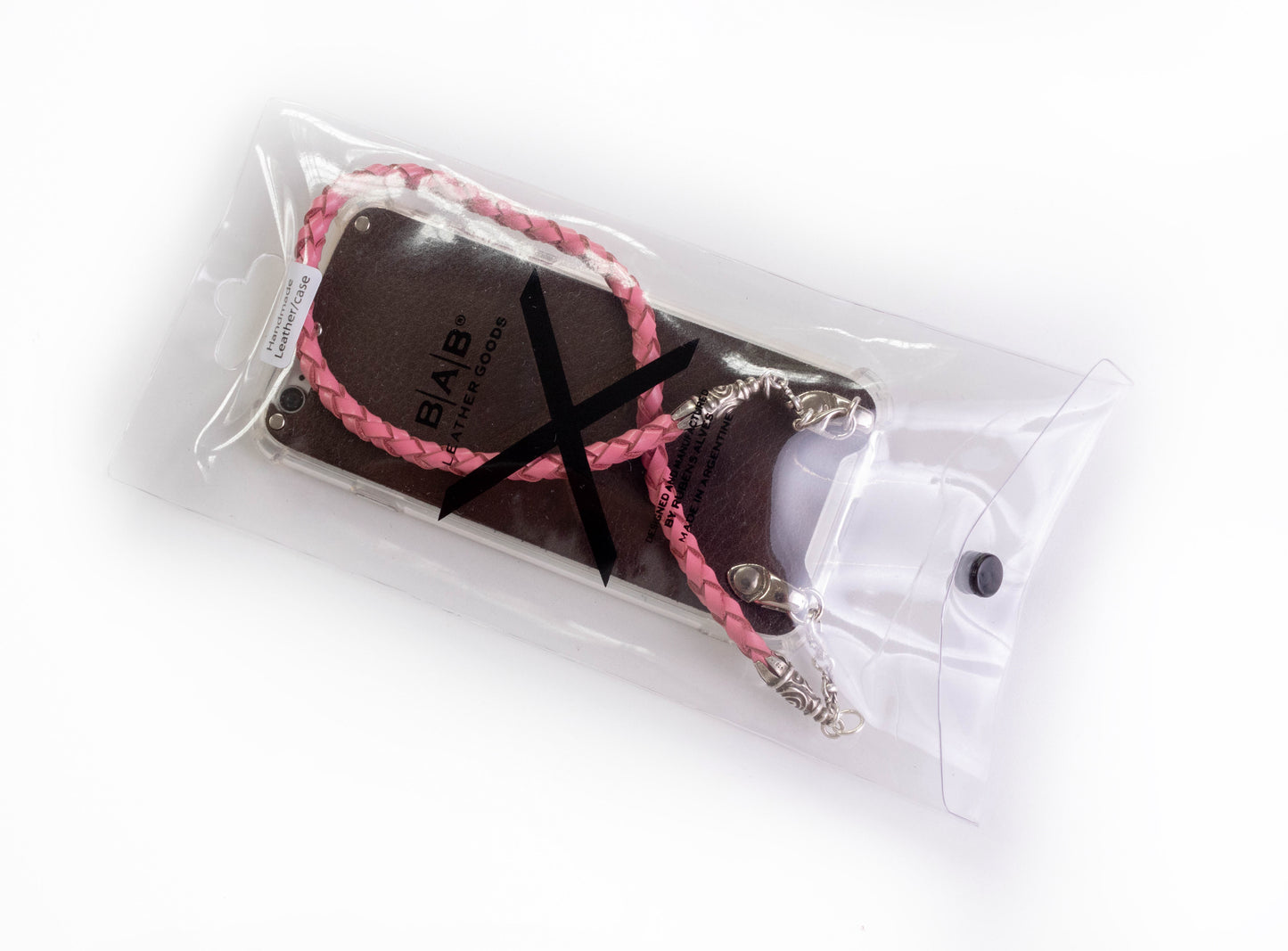 Funda para iPhone de Cuero Genuino Full-Grain curtido vegetal al tanino/microfibra. 2 Terminales en Espiral, 2 Eslabones y 6 Argollas, todos de Plata Esterlina 925 & Correa/Gargantilla/Pulsera de Cuero Genuino Rosa 4 cabos trenzados a mano.- F22
