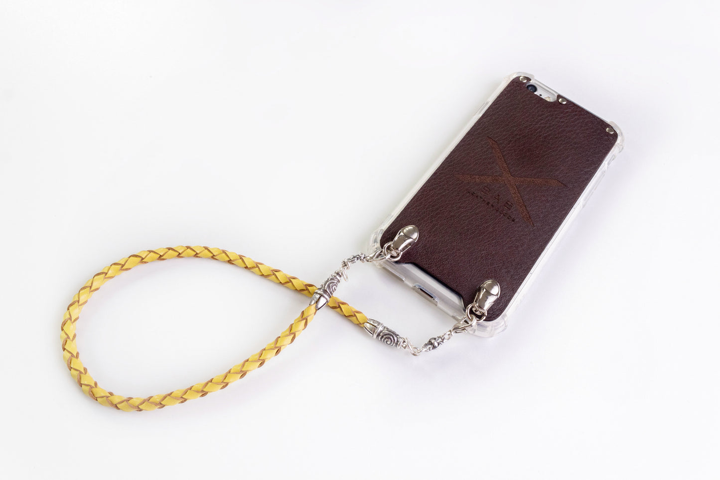 2 Spiral Terminals, 2 Links, and 6 Rings, all made of 925 Sterling Silver for iPhone & Yellow Full-Grain Genuine Leather Case/Strap/Choker/Bracelet with 4 hand braided strands.- F22