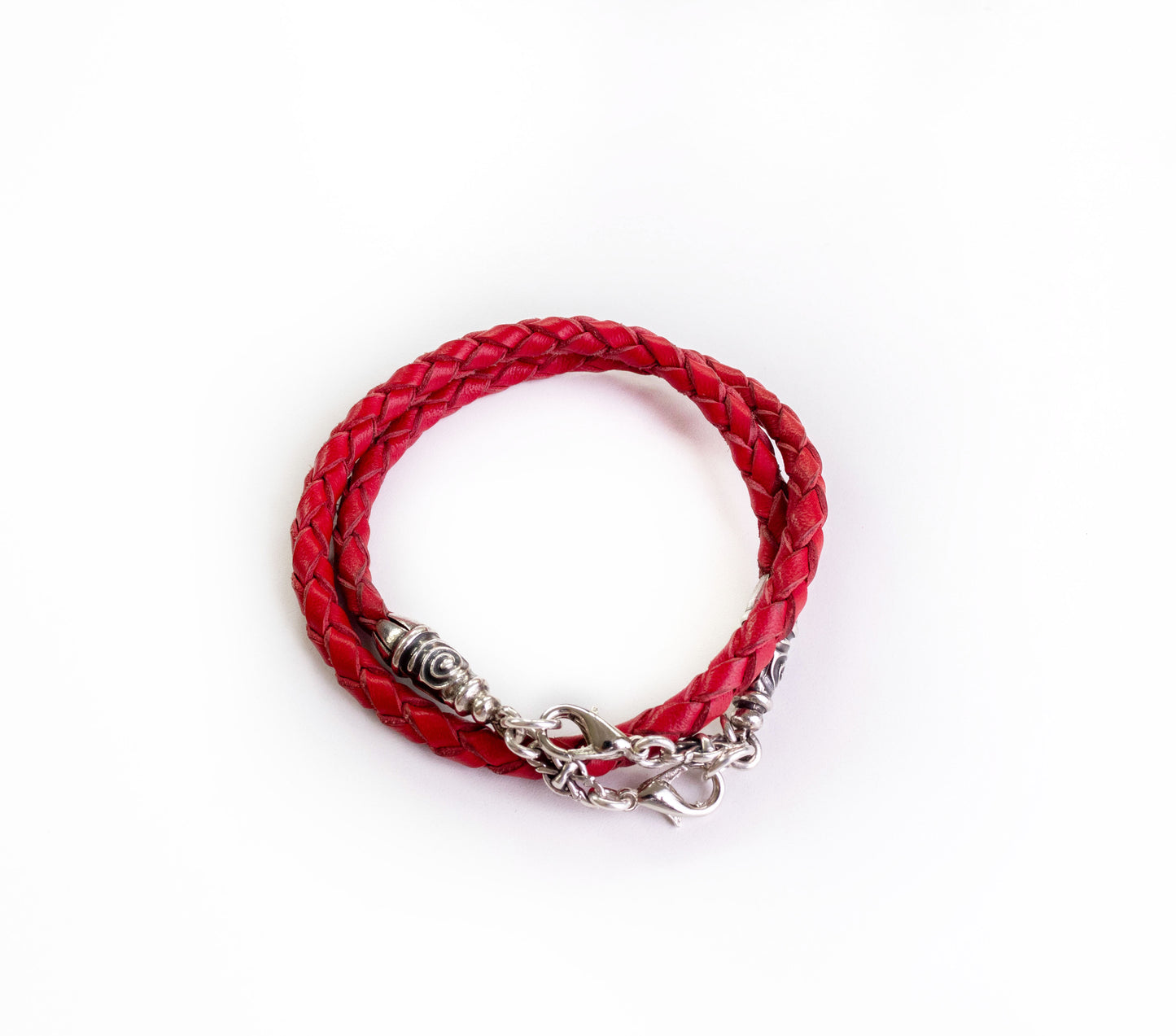 2 Spiral Terminals, 2 Links, and 6 Rings, all made of 925 Sterling Silver for iPhone & Red Full-Grain Genuine Leather Case/Strap/Choker/Bracelet with 4 hand braided strands.- F22