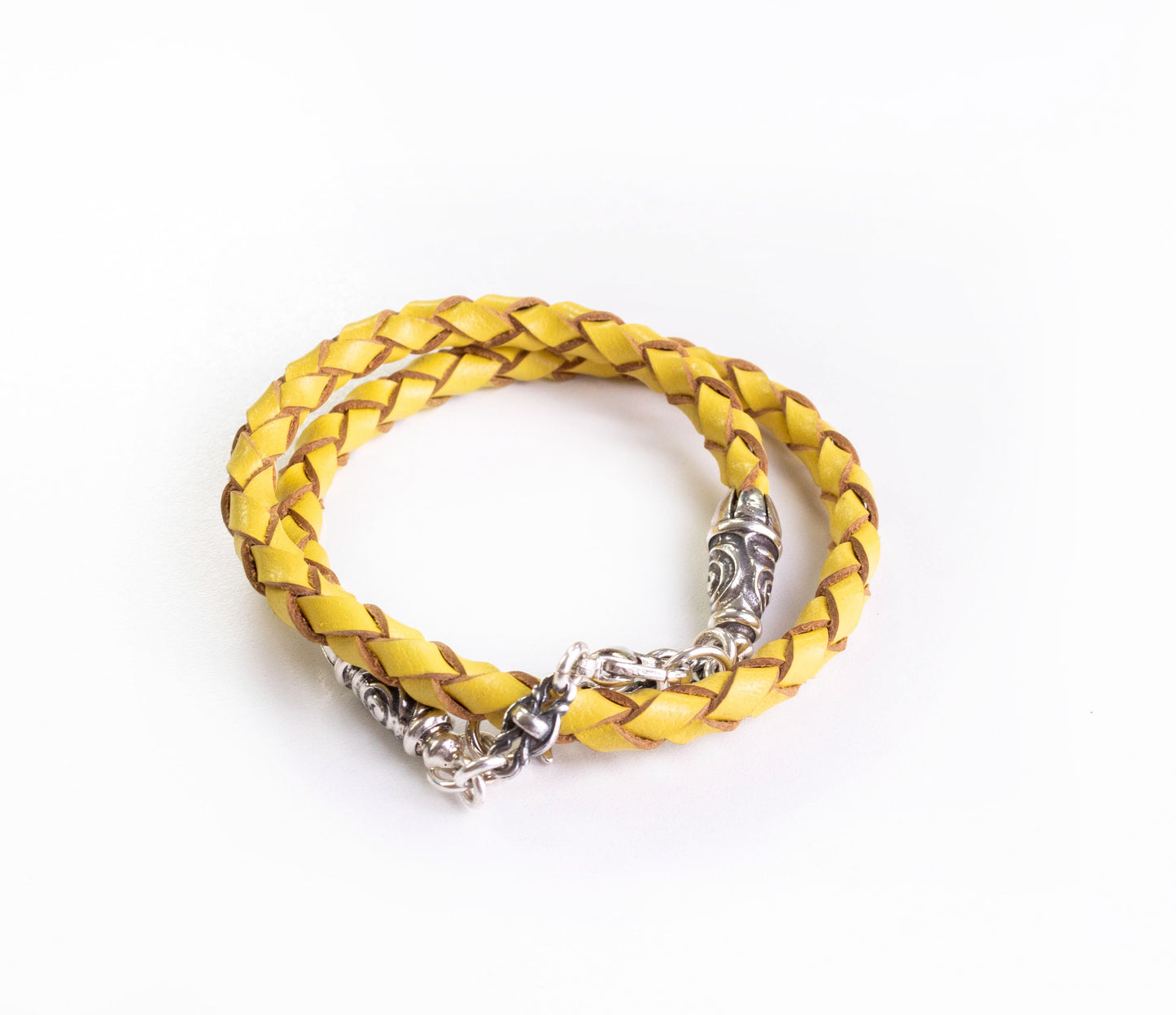 2 Spiral Terminals, 2 Links, and 6 Rings, all made of 925 Sterling Silver for iPhone & Yellow Full-Grain Genuine Leather Case/Strap/Choker/Bracelet with 4 hand braided strands.- F22