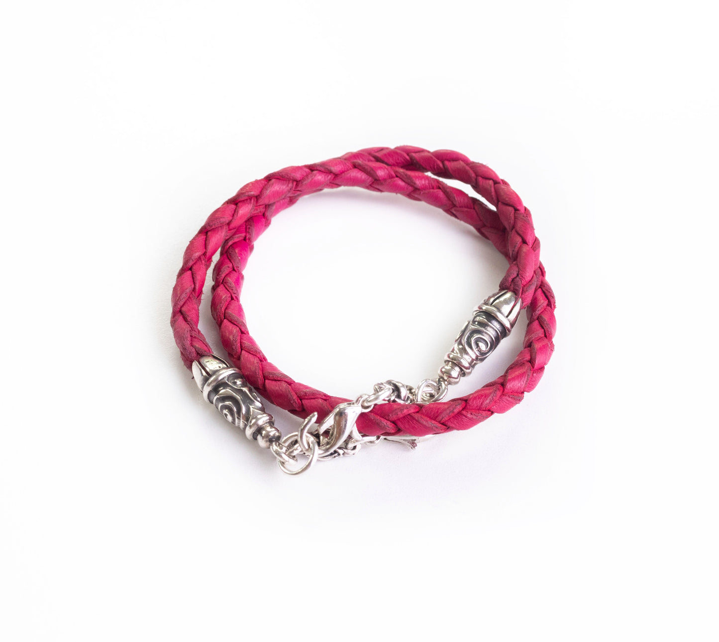 2 Spiral Terminals, 2 Links, and 6 Rings, all made of 925 Sterling Silver for iPhone & Fuchsia Full-Grain Genuine Leather Case/Strap/Choker/Bracelet with 4 hand braided strands.- F22