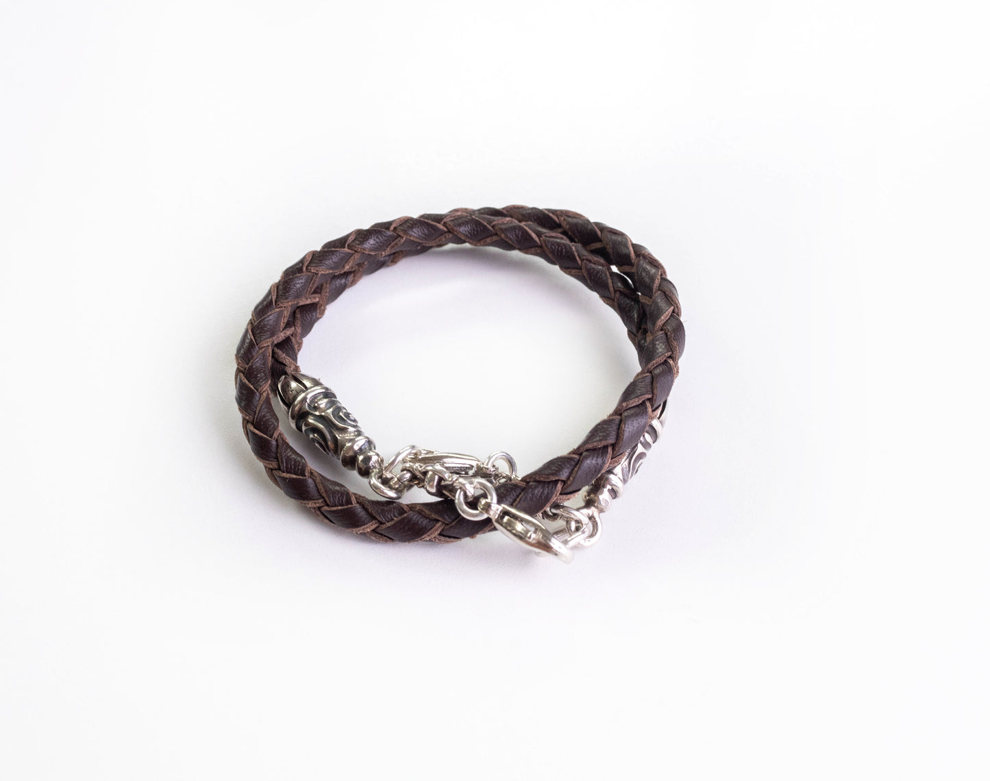 2 Spiral Terminals, 2 Links, and 6 Rings, all made of 925 Sterling Silver for iPhone & Brown Full-Grain Genuine Leather Case/Strap/Choker/Bracelet with 4 hand braided strands.- F22