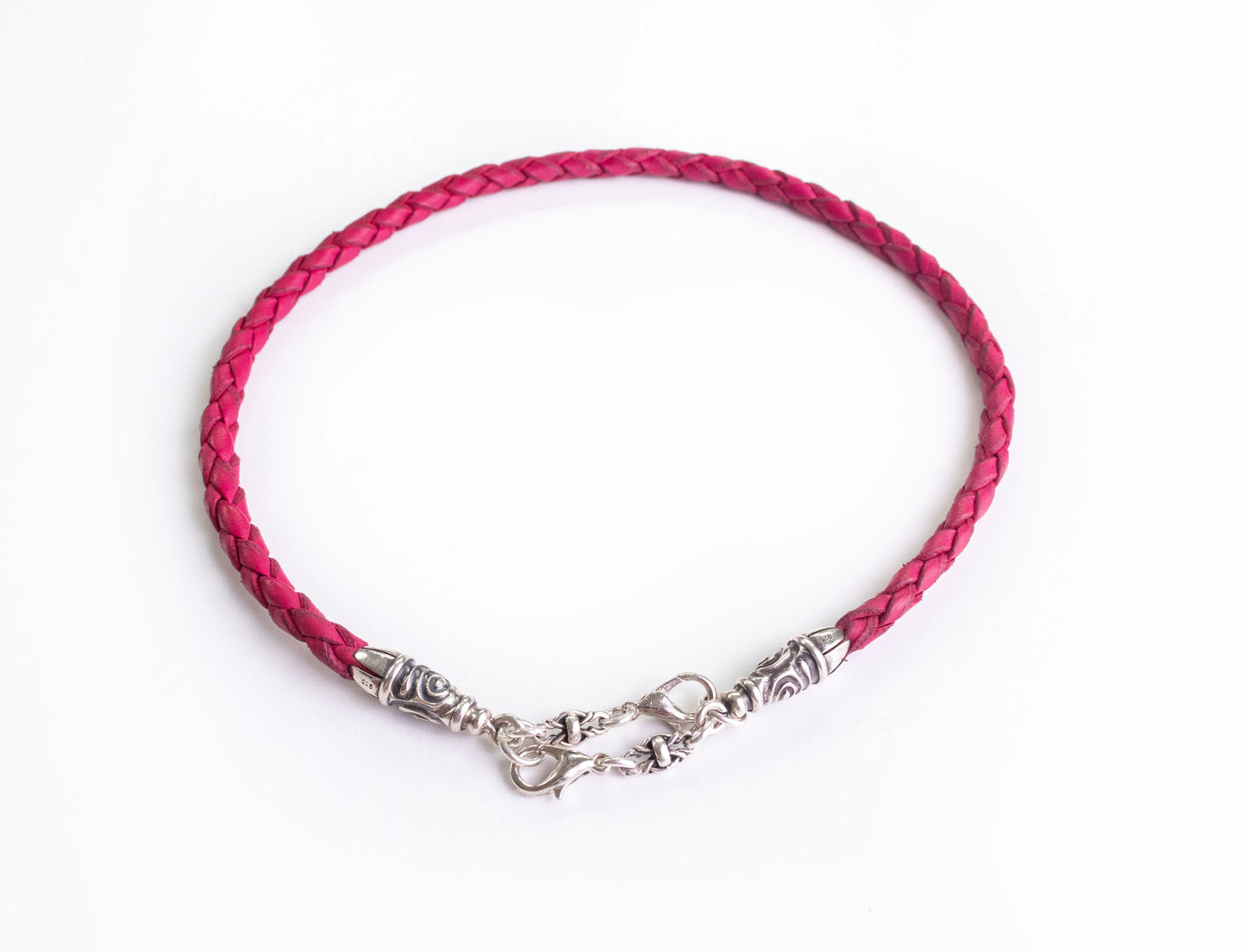 2 Spiral Terminals, 2 Links, and 6 Rings, all made of 925 Sterling Silver for iPhone & Fuchsia Full-Grain Genuine Leather Case/Strap/Choker/Bracelet with 4 hand braided strands.- F22