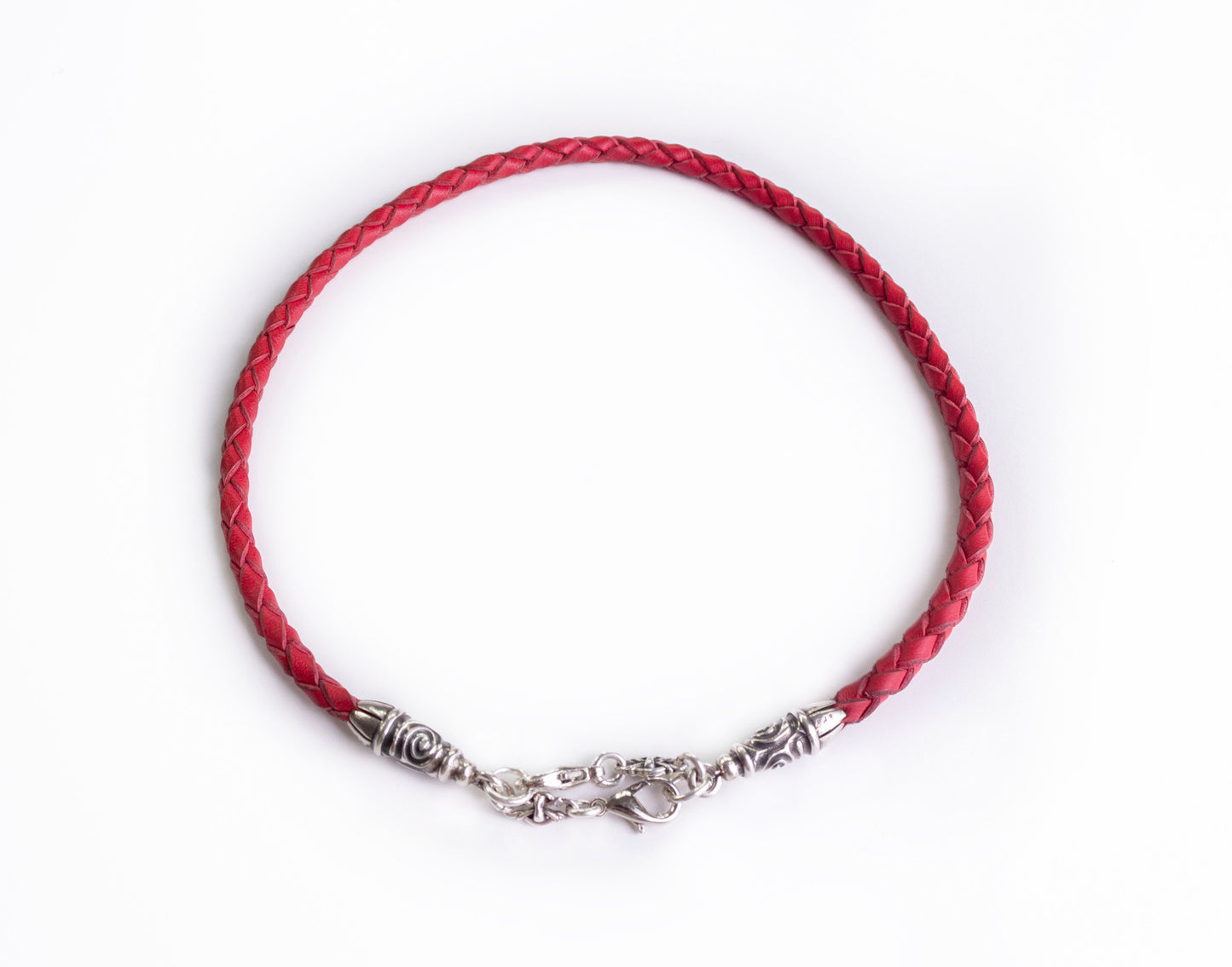 2 Spiral Terminals, 2 Links, and 6 Rings, all made of 925 Sterling Silver for iPhone & Red Full-Grain Genuine Leather Case/Strap/Choker/Bracelet with 4 hand braided strands.- F22