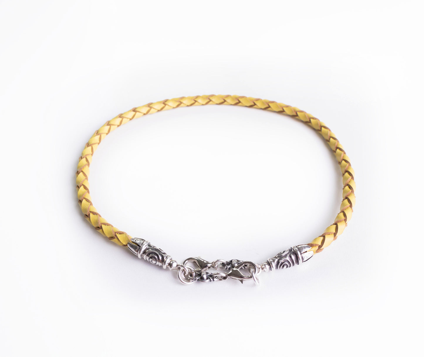 2 Spiral Terminals, 2 Links, and 6 Rings, all made of 925 Sterling Silver for iPhone & Yellow Full-Grain Genuine Leather Case/Strap/Choker/Bracelet with 4 hand braided strands.- F22