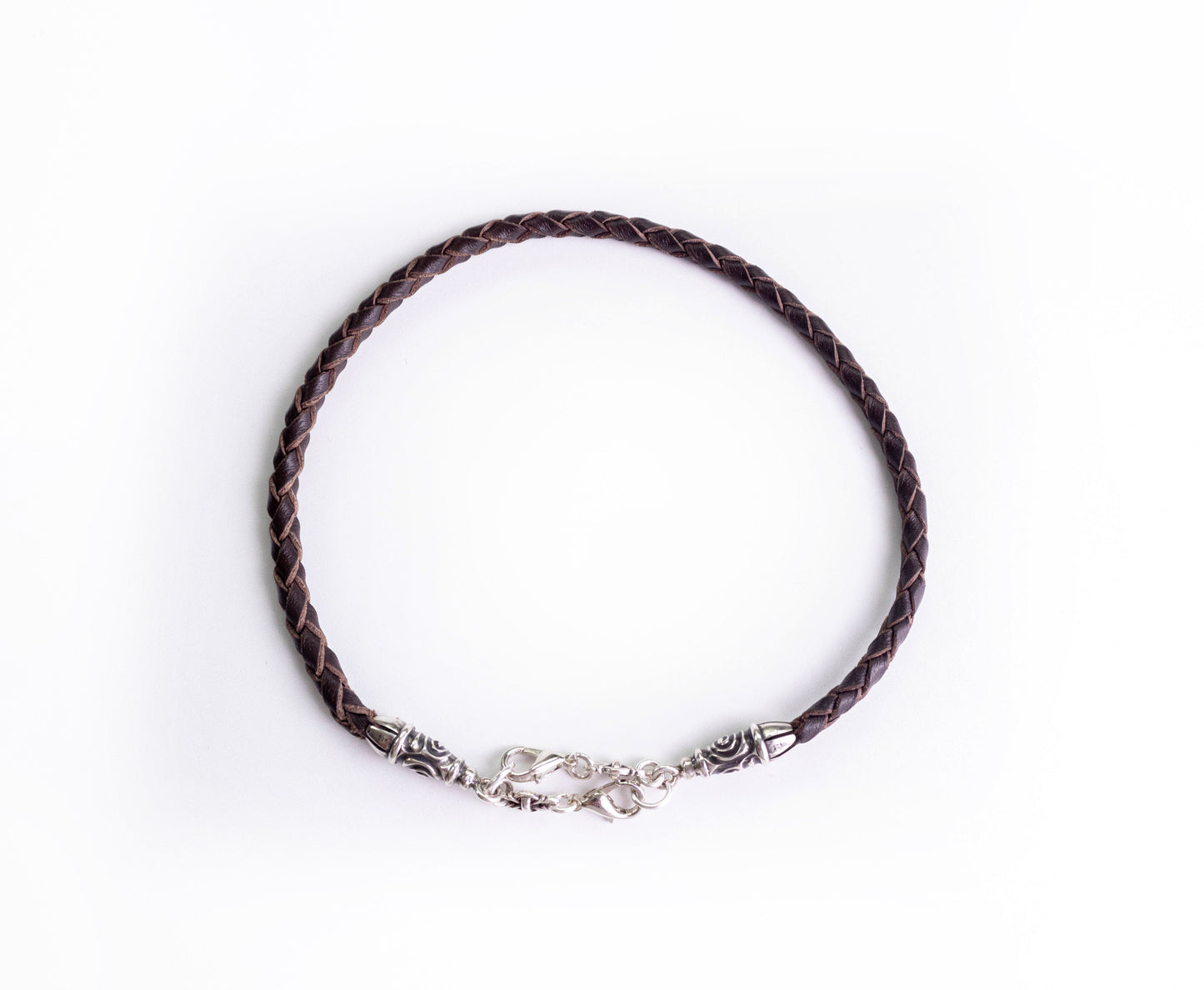 2 Spiral Terminals, 2 Links, and 6 Rings, all made of 925 Sterling Silver for iPhone & Brown Full-Grain Genuine Leather Case/Strap/Choker/Bracelet with 4 hand braided strands.- F22