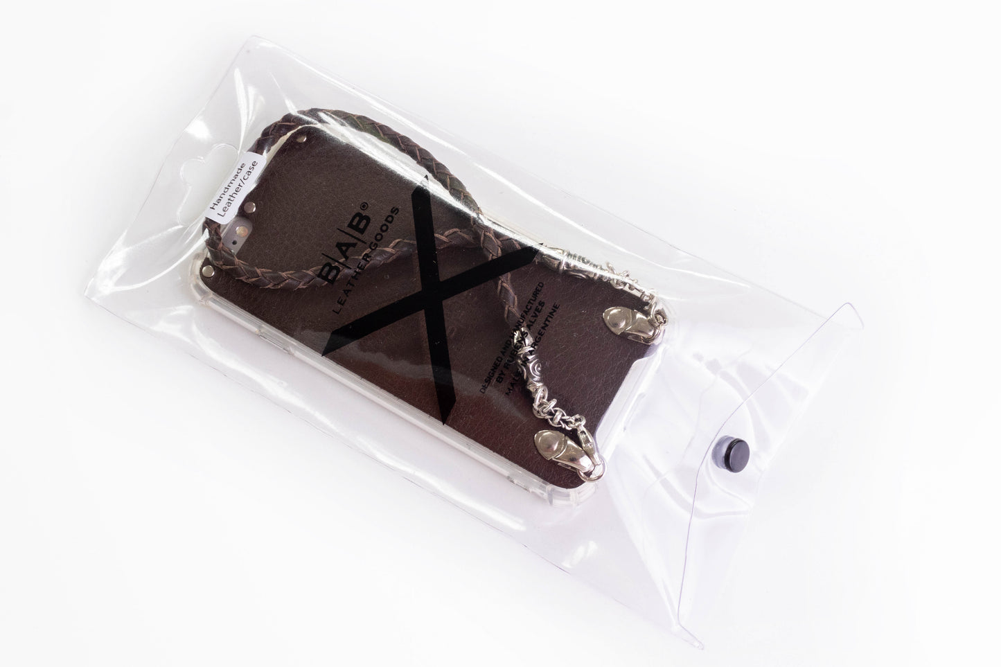 2 Spiral Terminals, 2 Links, and 6 Rings, all made of 925 Sterling Silver for iPhone & Brown Full-Grain Genuine Leather Case/Strap/Choker/Bracelet with 4 hand braided strands.- F22