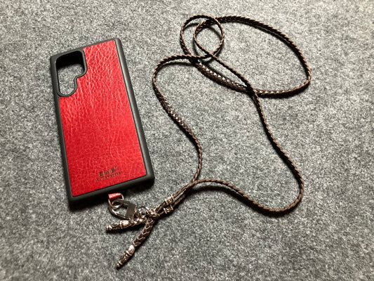 Full-Grain vegetable-tanned Genuine Leather Samsung Case/Holder/microfiber. 2 Spiral Terminals and 2 Spiral Pins, all made of 925 Sterling Silver & Leather Crossbody/Necklace/Bracelet with three hand-braided double Strands, Brown, or Black.- KC43S