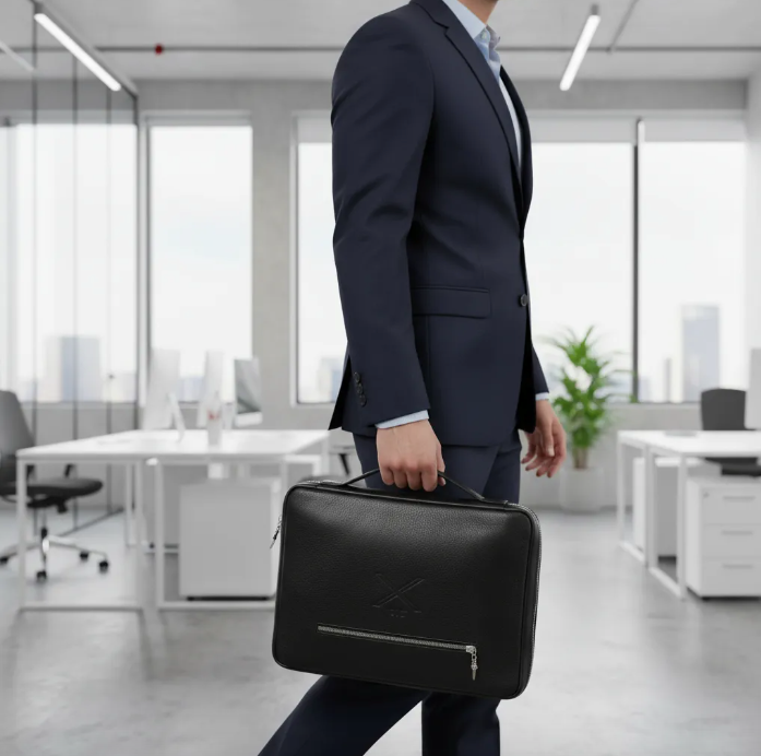 Portfólio MacBook Pro 13"(Intel 2P/4P)/M1/M2/MacBook Pro 14"M1/M2/M3 Pro/M2/M3 Pro Max)/MacBook Air 13"M2/M3/iPad Pro 9,7"/10,5"/iPad 11"M2/iPad 11" Pro 1º/2º/3º/4º. Couro Genuíno Preto de Flor Integral curtido vegetal/Feltro & Pingente Adaga.- 2004