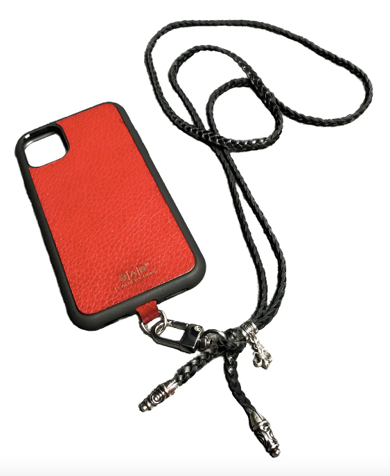 Funda/Soporte Cuero Full-Grain, curtido vegetal para iPhone/microfibra. 2 Terminales en Espiral, 1 Pasador en Espiral con Argolla y 1 Pendiente Fleur de Lys, de Plata 925 & Crossbody/Collar/Pulsera de Cuero 3 cabos trenzados a mano, Marrón o Negro.- KC45i