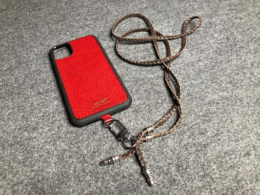 Full-Grain vegetable-tanned Genuine Leather iPhone Case/Holder/microfiber. 2 Rope Terminals and 2 Rope Pins, all made of solid 925 Sterling Silver & Leather Crossbody/Necklace/Bracelet with three hand-braided double strands, Brown, or Black.- KC42i