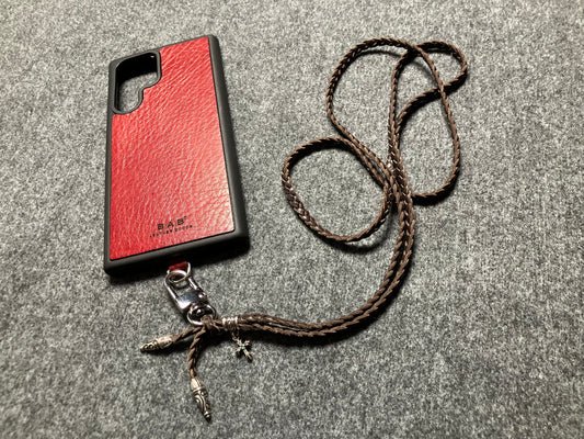 Full-Grain Leather Samsung Case/Holder/Microfiber. 2 Spiral Terminals, 1 Spiral Pin with Ring, and 1 Crucifix Pendant with 2 Hand-cut Emeralds, all made of 925 Sterling Silver & 3-Strand Leather Crossbody/Necklace/Bracelet, Brown or Black.- KC31S