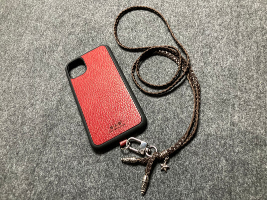 Full-Grain vegetable-tanned Genuine Leather iPhone Case/Holder/microfiber. 2 Spiral Terminals, 1 Spiral Pin with Ring, and 1 Star Pendant, all made of 925 Sterling Silver & Hand-braided 3-Strands Leather Crossbody/Necklace/Bracelet, Brown or Black.- KC33i