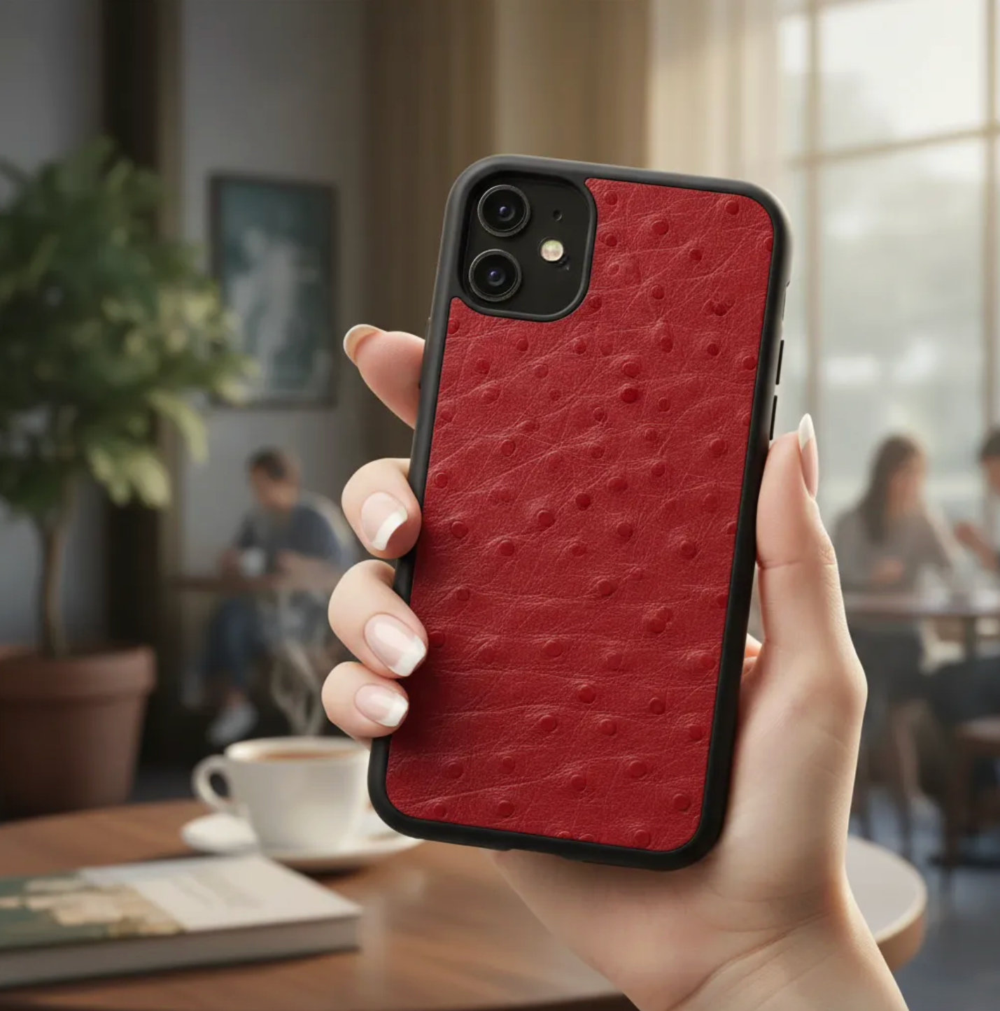 Coque en cuir Véritable de d’autruche pour iPhone découpée & gravée au laser/microfibre-58