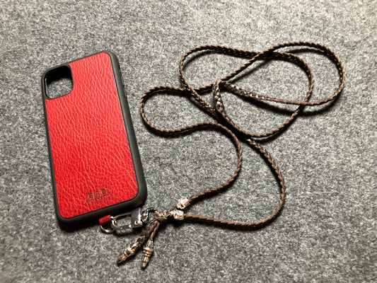 Full-Grain vegetable-tanned Genuine Leather iPhone Case/Holder/Microfiber. 2 Rope Terminals, 1 Rope Pin, and 1 Skull, all made of 925 Sterling Silver & Strap/Choker/Bracelet with 3 hand-braided strands, Brown or Black.- KC30i