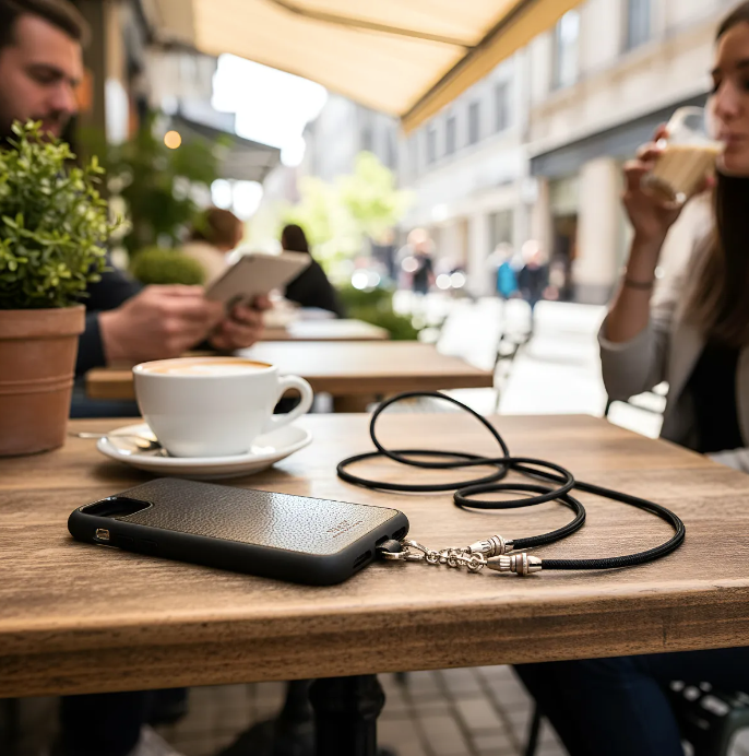 Funda/Soporte de Cuero Genuino Full-Grain curtido vegetal al tanino para iPhone/microfibra. 2 Terminales Cuerda, 2 Eslabones y 6 Argollas, todos de Plata Esterlina 925 & Crossbody/Collar/Gargantilla/Pulsera de Cuerda Elástica Negra.- KC29i