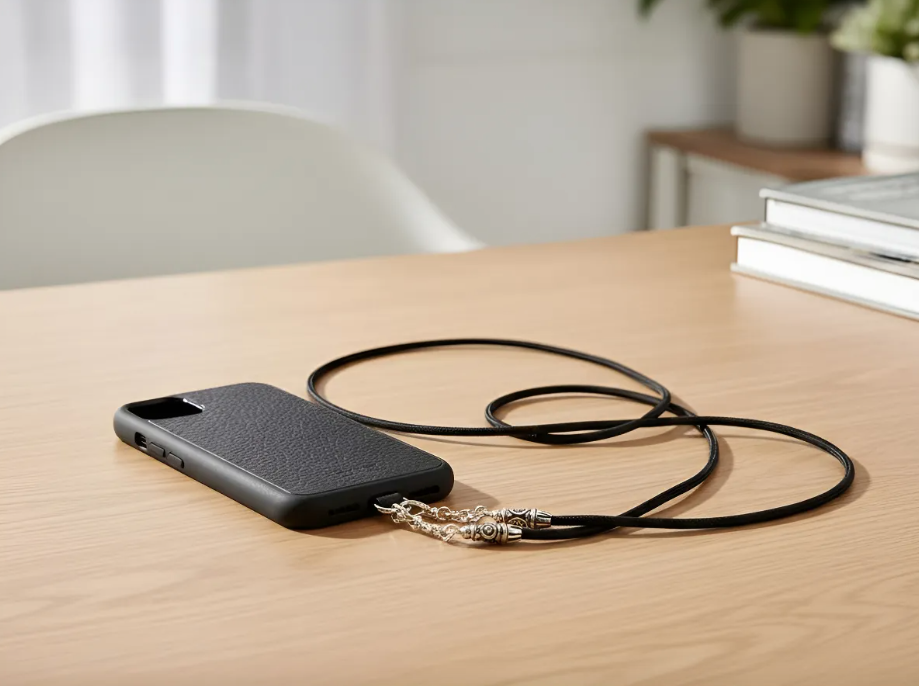 Funda/Soporte de Cuero Genuino Full-Grain curtido vegetal al tanino para iPhone/Samsung/microfibra. 2 Terminales en Espiral, 2 Eslabones y 6 Argollas, todos de Plata Esterlina 925 & Crossbody/Collar/Gargantilla/Pulsera de Cuerda Elástica Negra.- KC11