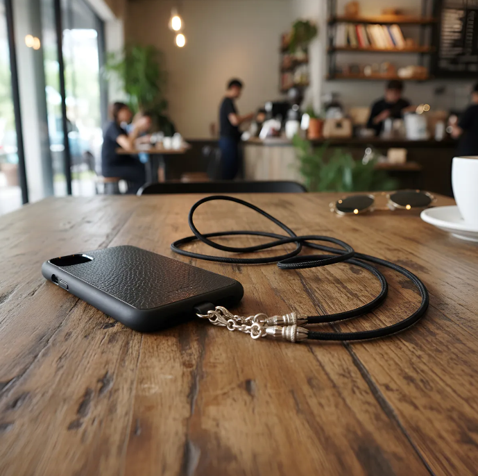 Funda/Soporte de Cuero Genuino Full-Grain curtido vegetal al tanino para iPhone/microfibra. 2 Terminales Cuerda, 2 Eslabones y 6 Argollas, todos de Plata Esterlina 925 & Crossbody/Collar/Gargantilla/Pulsera de Cuerda Elástica Negra.- KC29i