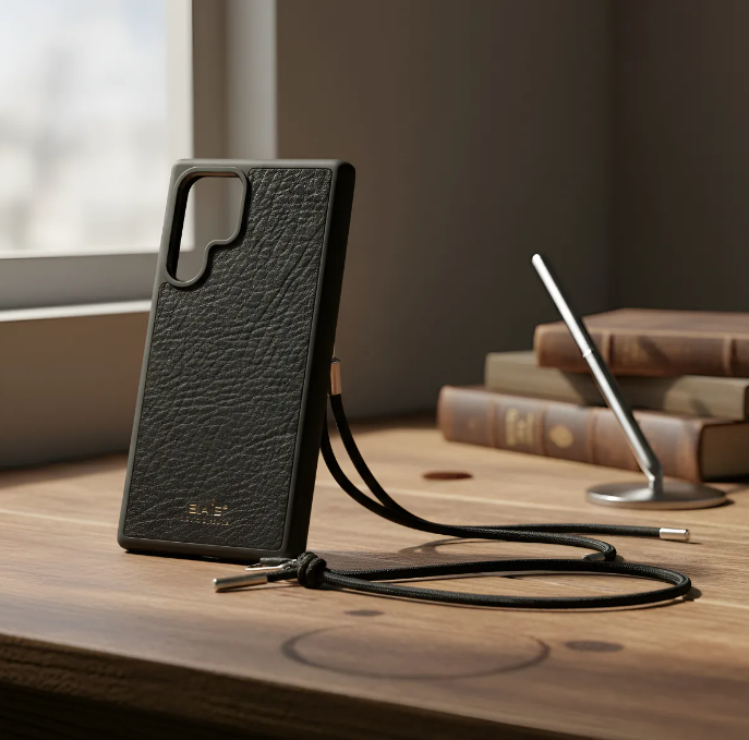 Capa/Suporte para Samsung de Couro Genuíno Flor Integral curtido vegetal com tanino cortados e gravados a laser/microfibra & Correia/Pulseira de Corda Elástica Preta com 1 Mosquetão e 2 Terminais prateados.- KPS55