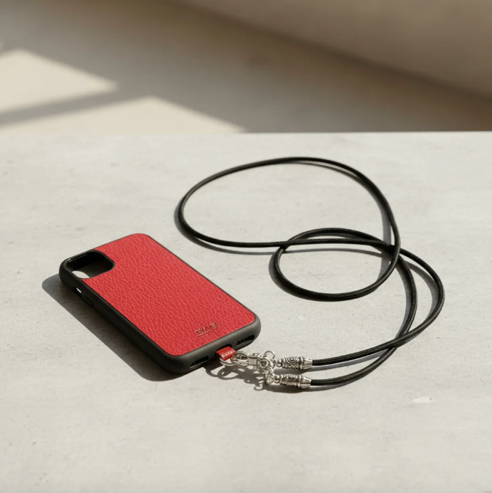 Funda/Soporte de Cuero Genuino Full-Grain curtido vegetal al tanino para iPhone/Samsung/microfibra. 2 Terminales en Espiral, 2 Eslabones y 6 Argollas, todos de Plata Esterlina 925 & Crossbody/Collar/Gargantilla/Pulsera de Cuerda Elástica Negra.- KC11