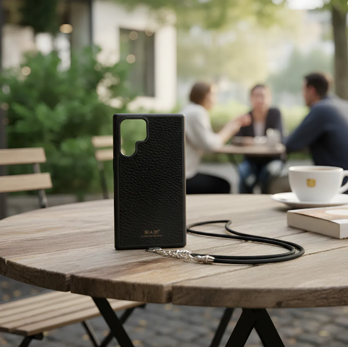 Funda/Soporte de Cuero Genuino Full-Grain curtido vegetal al tanino para Samsung/microfibra. 2 Terminales Cuerda, 2 Eslabones y 6 Argollas, todos de Plata Esterlina 925 & Crossbody/Collar/Gargantilla/Pulsera de Cuerda Elástica Negra.- KC29S