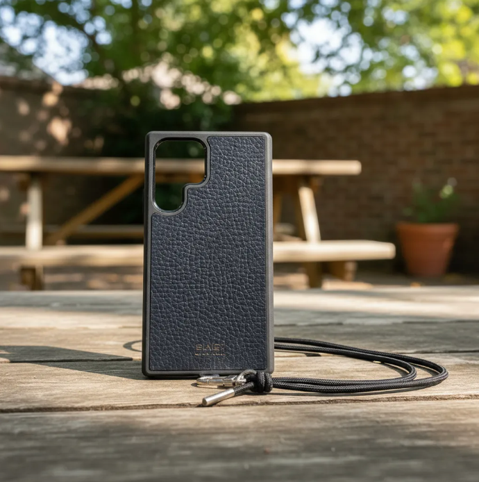 Capa/Suporte para Samsung de Couro Genuíno Flor Integral curtido vegetal com tanino cortados e gravados a laser/microfibra & Correia/Pulseira de Corda Elástica Preta com 1 Mosquetão e 2 Terminais prateados.- KPS55