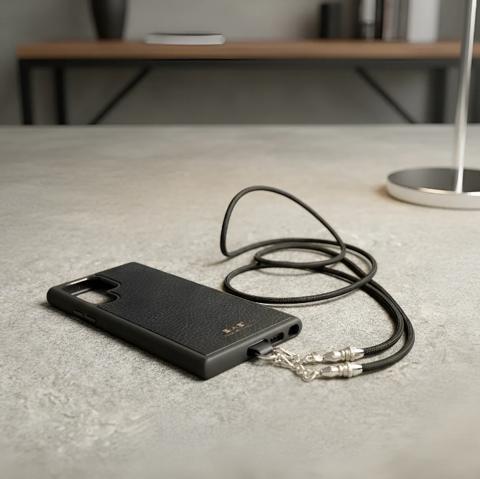 Funda/Soporte de Cuero Genuino Full-Grain curtido vegetal al tanino para Samsung/microfibra. 2 Terminales Cuerda, 2 Eslabones y 6 Argollas, todos de Plata Esterlina 925 & Crossbody/Collar/Gargantilla/Pulsera de Cuerda Elástica Negra.- KC29S