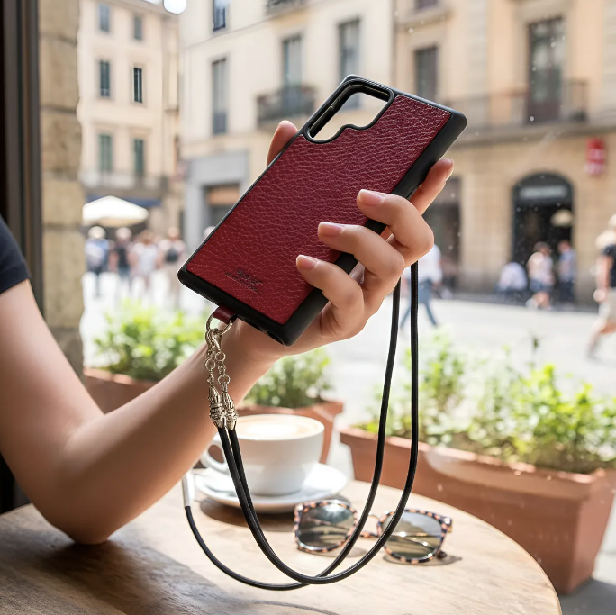 Funda/Soporte de Cuero Genuino Full-Grain curtido vegetal al tanino para Samsung/microfibra. 2 Terminales Cuerda, 2 Eslabones y 6 Argollas, todos de Plata Esterlina 925 & Crossbody/Collar/Gargantilla/Pulsera de Cuerda Elástica Negra.- KC29S