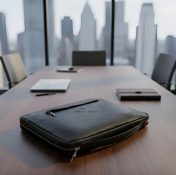 Portfólio MacBook Pro 13"(Intel 2P/4P)/M1/M2/MacBook Pro 14"M1/M2/M3 Pro/M2/M3 Pro Max)/MacBook Air 13"M2/M3/iPad Pro 9,7"/10,5"/iPad 11"M2/iPad 11" Pro 1º/2º/3º/4º. Couro Genuíno Preto de Flor Integral curtido vegetal/Feltro & Pingente Adaga.- 2004